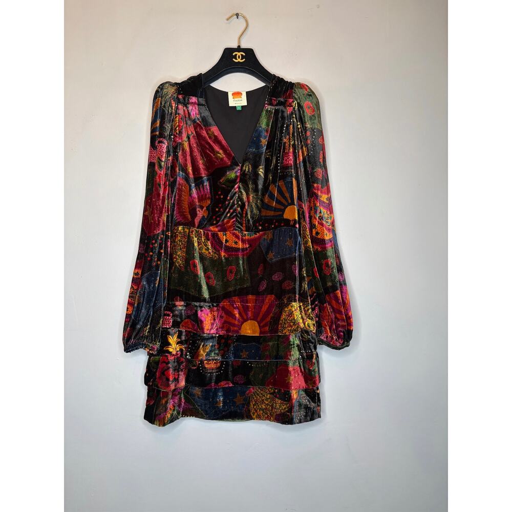 NWOT Farm Rio Crazy Mix Plunge Neck Long Sleeve Velveteen Mini Dress S #D6966 - Picture 1 of 5